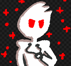 Digital art of a completely white humanoid with red eyes gripping onto hoodie drawstrings
