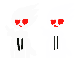 Digital art of a completely white character wearing a white hoodie. The character has red eyes and is holstering a sword