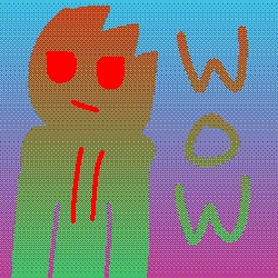 Digital art of a character standing in front of a gradient background. The colors behind the character are inverted. There is text beside the character that says 'wow'