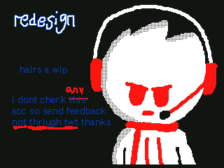 Digital art of a character wearing a red headset and a red scarf. Text beside the character reads 'hairs a wip; i don't check any acc so send feedback not thriugh twt thanks'