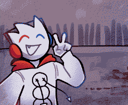 Digital art of a character with 3 tufts of hair smiling. The character is wearing a white hoodie that has a snowman design, with drawstrings coming out of the eyes. The character is also wearing red and blue headphones, and the character has a red eye and a blue eye