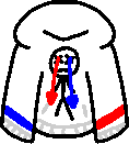 Doodle of a white hoodie that has a stick figure with X eyes. One eye has a red drawstring coming out, and the other eye has a blue drawstring. Both drawstrings have an arrow tip at the end. There is a blue accent on the left side of the hoodie, and a red accent on the right side