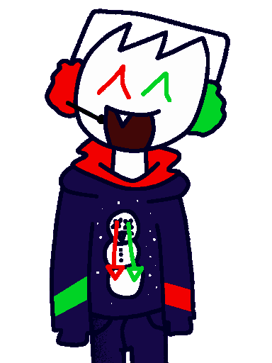 Digital art of a character who is smiling. The character is wearing red and green earmuffs and a navy blue hoodie with a snowman on it that has a red and a green drawstring coming out of its eyes